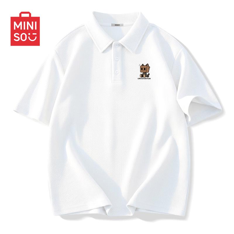 MINISO Men's Waffle Knit Short Sleeve Polo T-Shirt with Cartoon Print