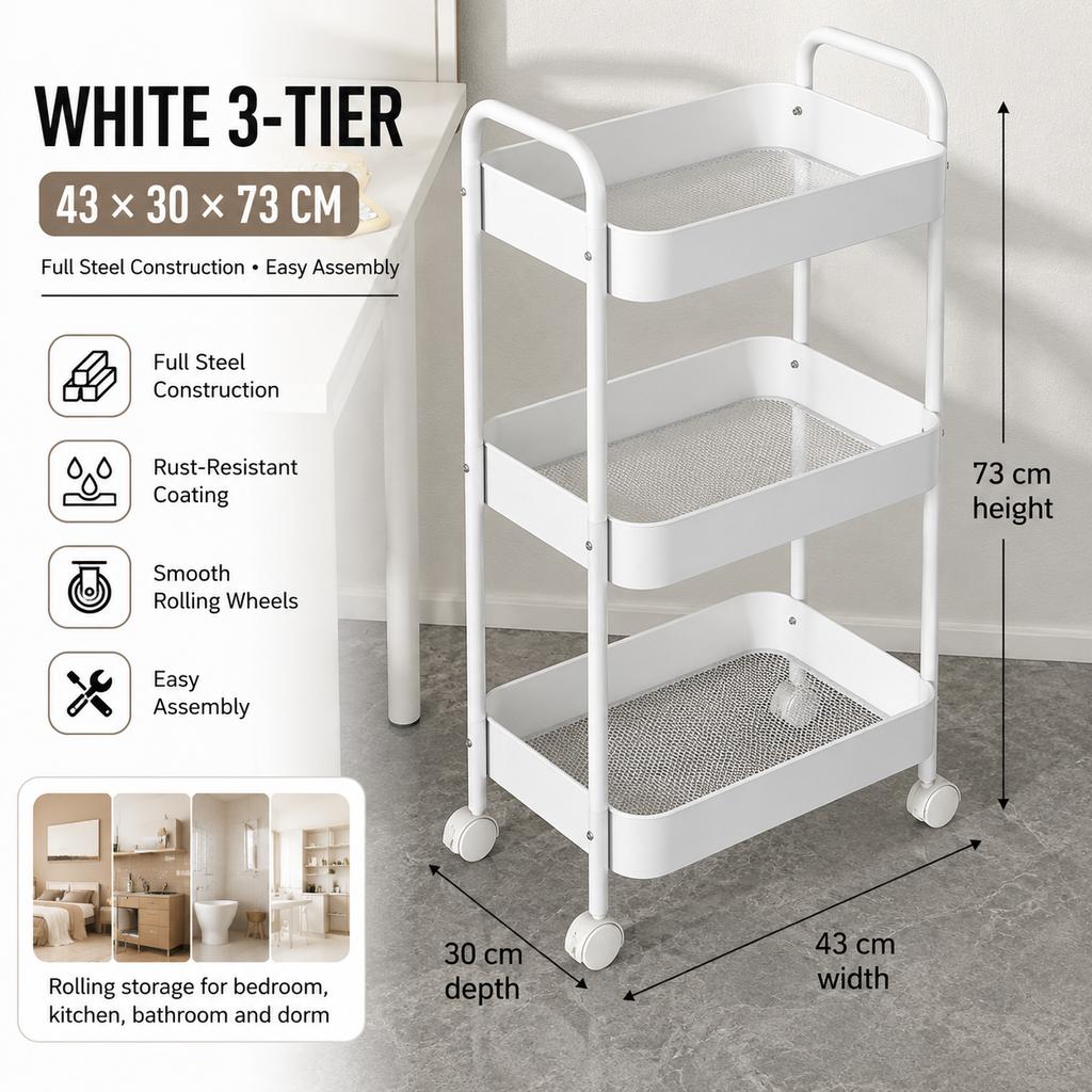 Rolling Storage Cart Multi-Tier Floor Carbon Steel Organizer Rack with Wheels for Kitchen Bathroom Dorm Room