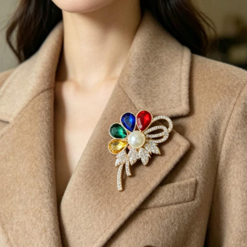 Women's Flower Brooch with Colorful Rhinestones and Elegant Plant Design for Parties