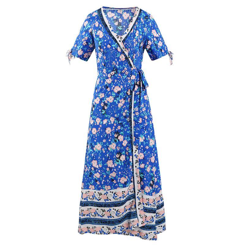 

Women s Bohemia Print Short Sleeve Mid-Length Dress Amazon Beach Deep V Neck Tied Dress Dresses Blue L