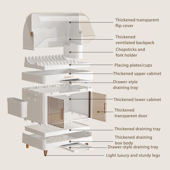 Stackable Tableware Storage Box Multi-Tier Dinnerware Organizer with Clear Lid Doors Hooks Dishes Plates Cups Storage Bins with Drainage Tray