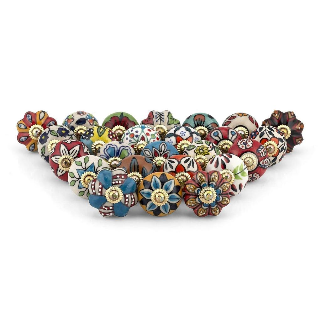 Brass Fitting Ceramic Pull Handle and Door Knobs for Drawers, Kitchen Cabinets, Wardrobes Home Interior Decor - Pack of 25