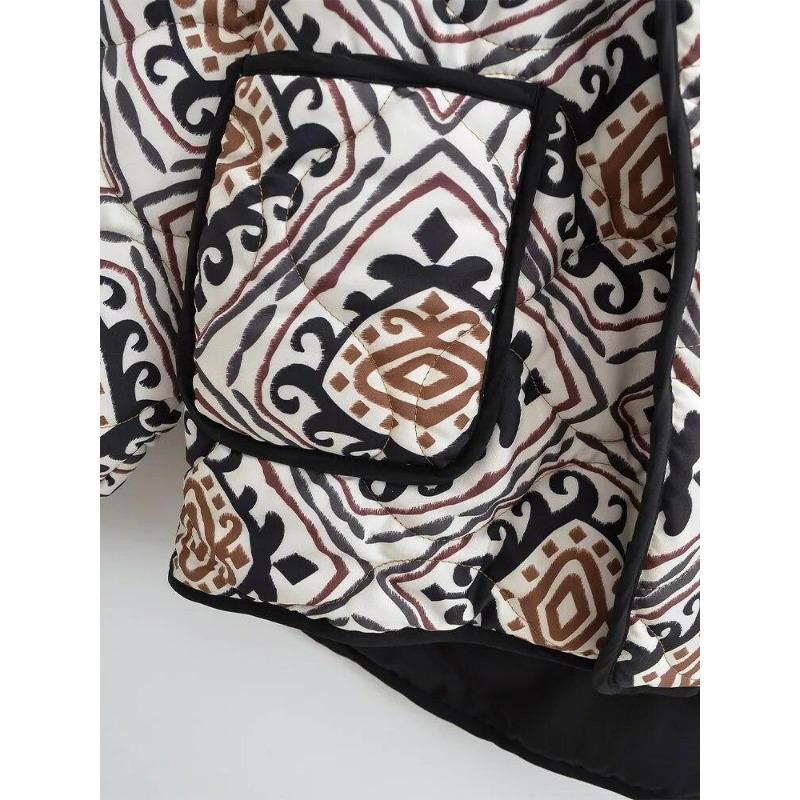 Lapel Printed Short Jacket Women Long Sleeve Warm Pocket Cardigan Coat Thick Autumn Winter Female Street Outwear