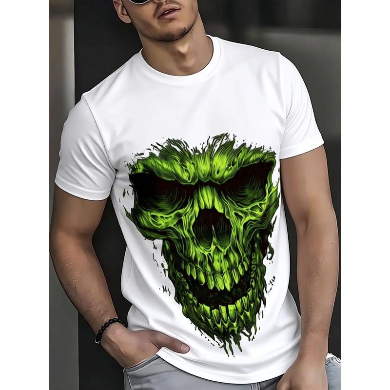unisex 100% Skull & Green Flame Graphic T-Shirt - Black Edgy Gothic Print Retro Streetwear Tee, Short Sleeve Round Neck Casual Shirt with Glowing-Like