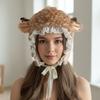 Cartoon Head Wrap Furry Deer Soft Thicken Trapper Hat for Women Outdoor Wear Lace Brim Holiday Party Photo Props