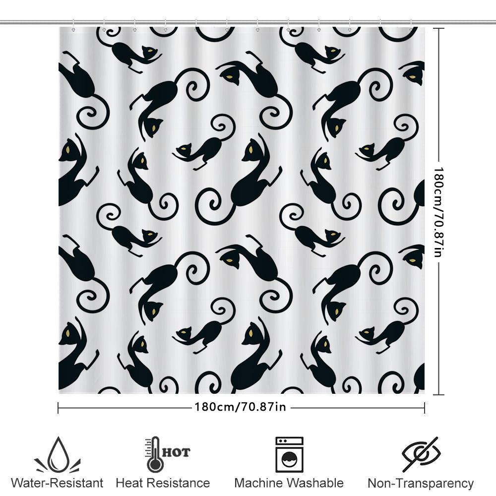 Black Cat Print Shower Curtain With White Background Bathroom Decor