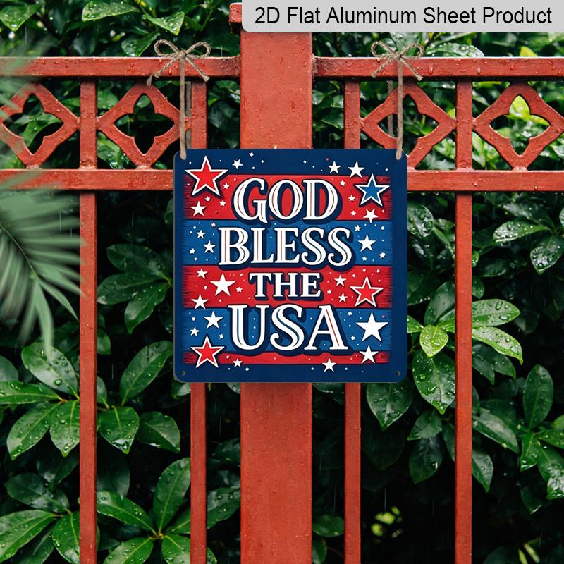 2D Flat 1pc Patriotic "God Bless The USA" Aluminum Plaque, Weatherproof Hanging Metal Sign with Stars, Rustic Americana Wall Decor for Home Porch