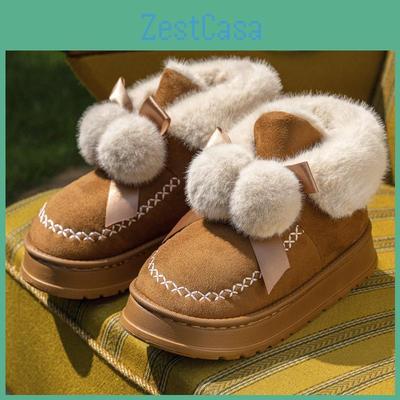 Bow Ball Double Snow Winter Cotton Shoes Fashionable Mid Top Fur Mouth Thick Sole Height Increase Warmth And Anti Slip Cotton Shoes