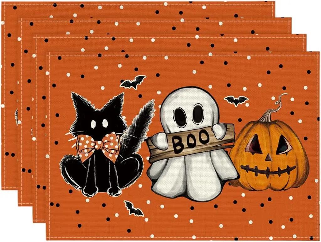 Wood Polka Dot Ghost Cat Boo Halloween Placemats Seasonal Table Mats for Party Kitchen Dining Decoration