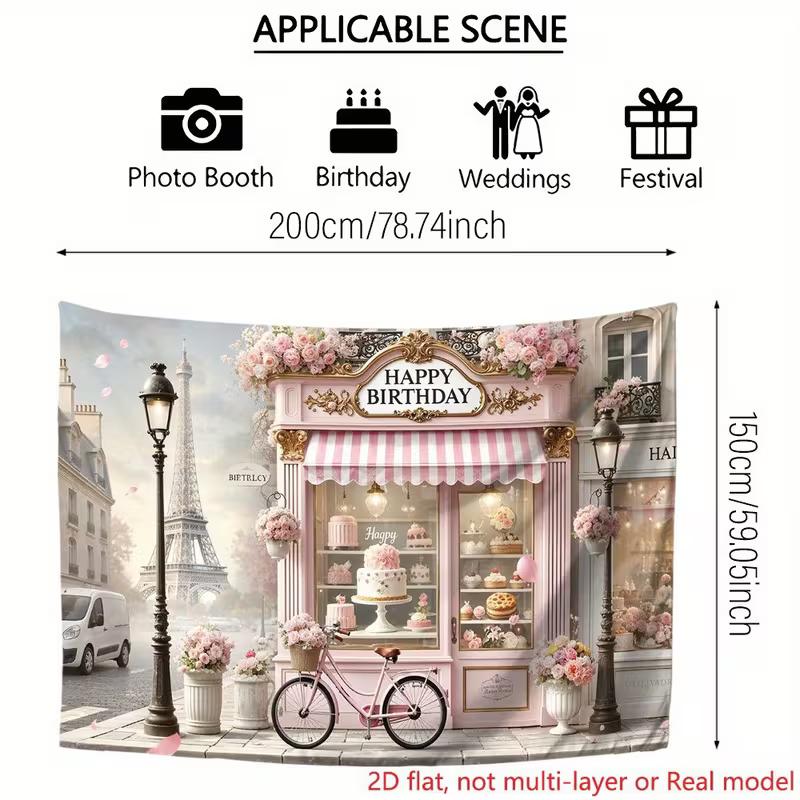 2D Romantic Parisian Backdrop, Pink Flower Shop Wall Decor for Birthday Celebration