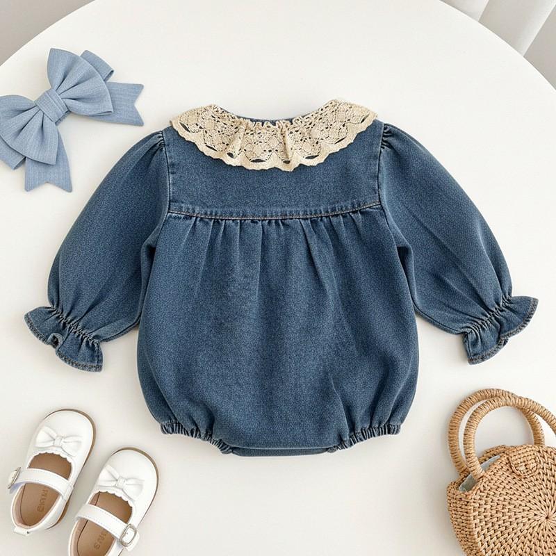 Baby Girl Romper Lace Trim Knit Denim Long Sleeve Bodysuit Toddler 6M-3T