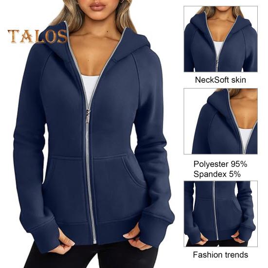Lady Hoodie Jacket Plush-lined Solid Color Zipper Closure with Pockets Elastic Cuffs And Hem Long Sleeves Cardigan Casual Daily Coat