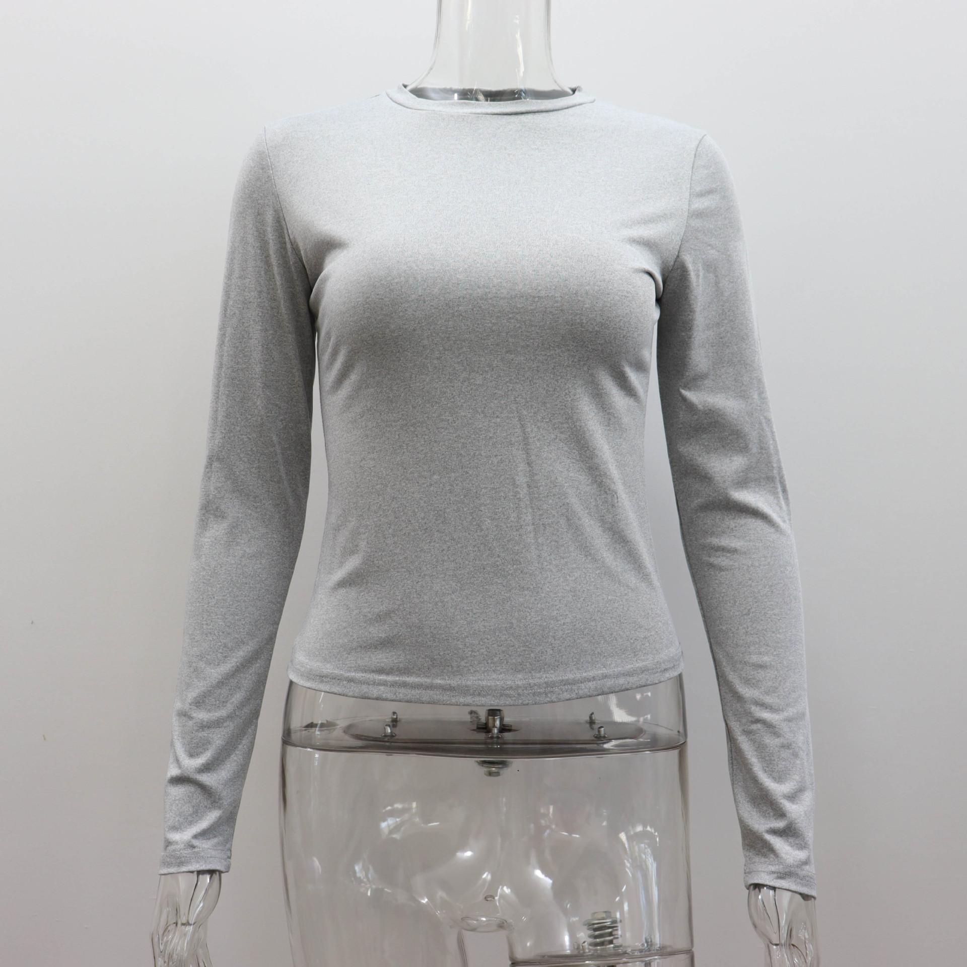 

Однотонная базовая футболка женская универсальная облегающая с круглым вырезом и длинными рукавами, пуловеры весна-осень, женские простые укороченные топы L серый