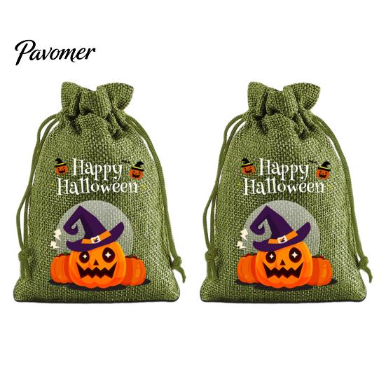 Trick or Treat Party Souvenirs 2Pcs Halloween Pumpkin Drawstring Bags for Candy Treats, Retro Burlap Rustic Linen Goodie Bags, Portable Kids