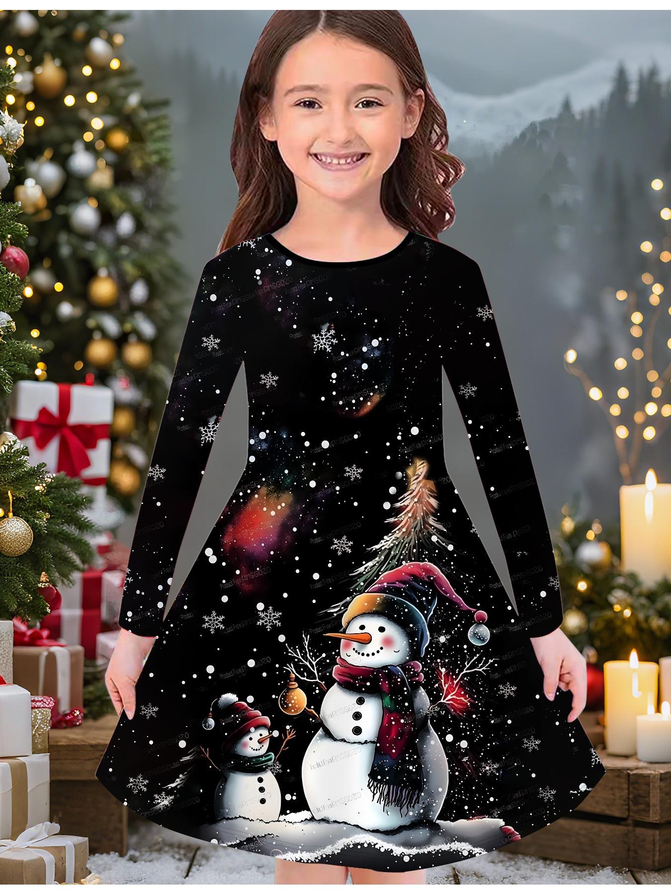 

Модное осенне-зимнее платье для девочек, 3D принт рождественского снеговика, с круглым вырезом, длинное детское платье-футболка, повседневное, универсальное, рождественская одежда 130 чёрный