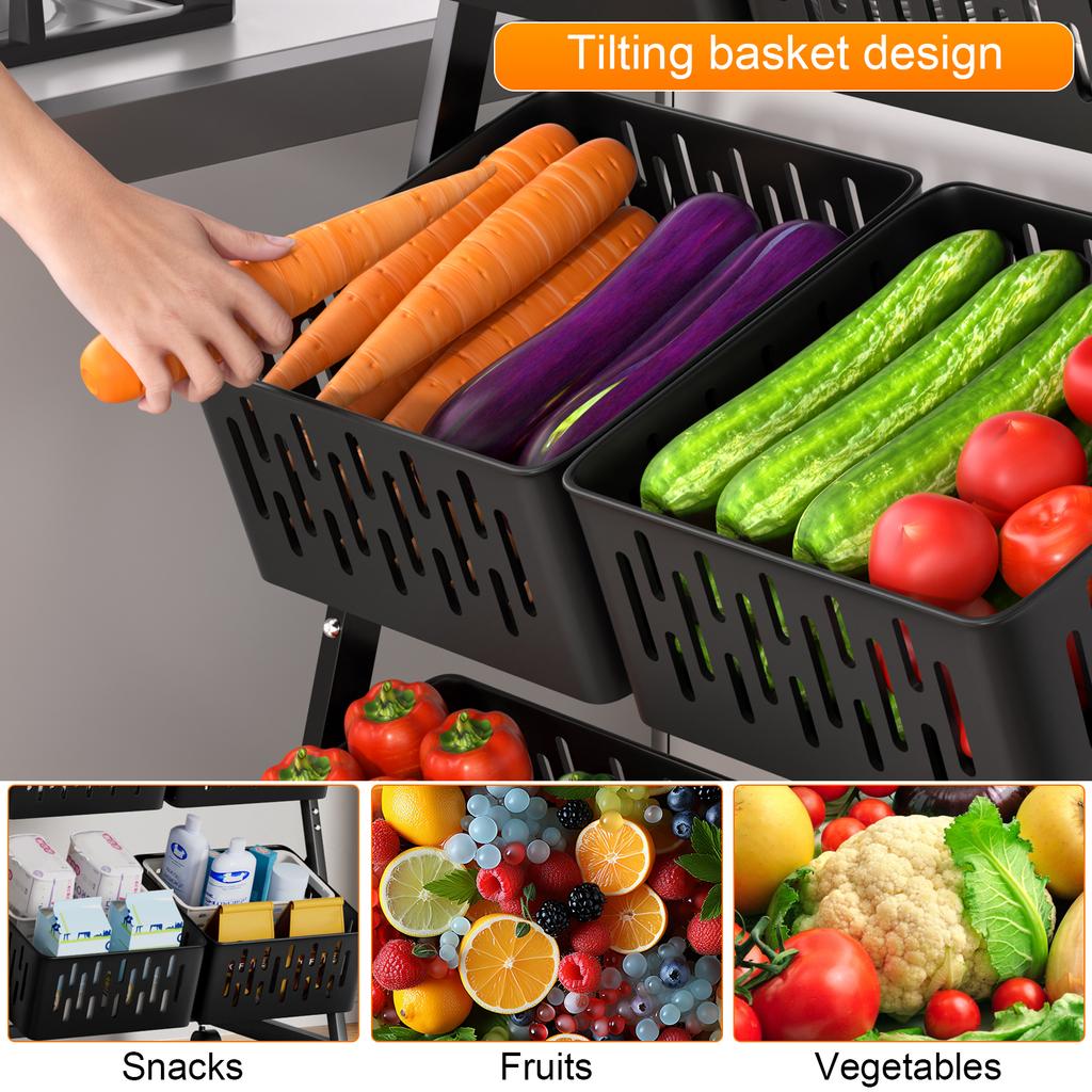 Fruit Vegetable Storage Basket Cart 4 Tier Stackable Mesh Storage Shelf with Wheels Pantry Organizer Rack with Detachable