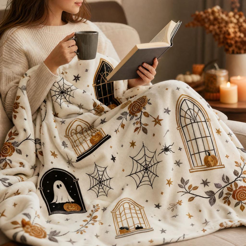 Halloween Flannel Throw Blanket Pumpkin Pattern for Sofa Bedroom Conditioning, Lightweight Decorative Coverlet