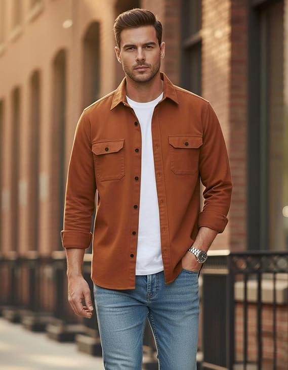Men’s Cotton Blend Casual Full Sleeve Button-Down Shirt with Dual Flap Pockets Shirt