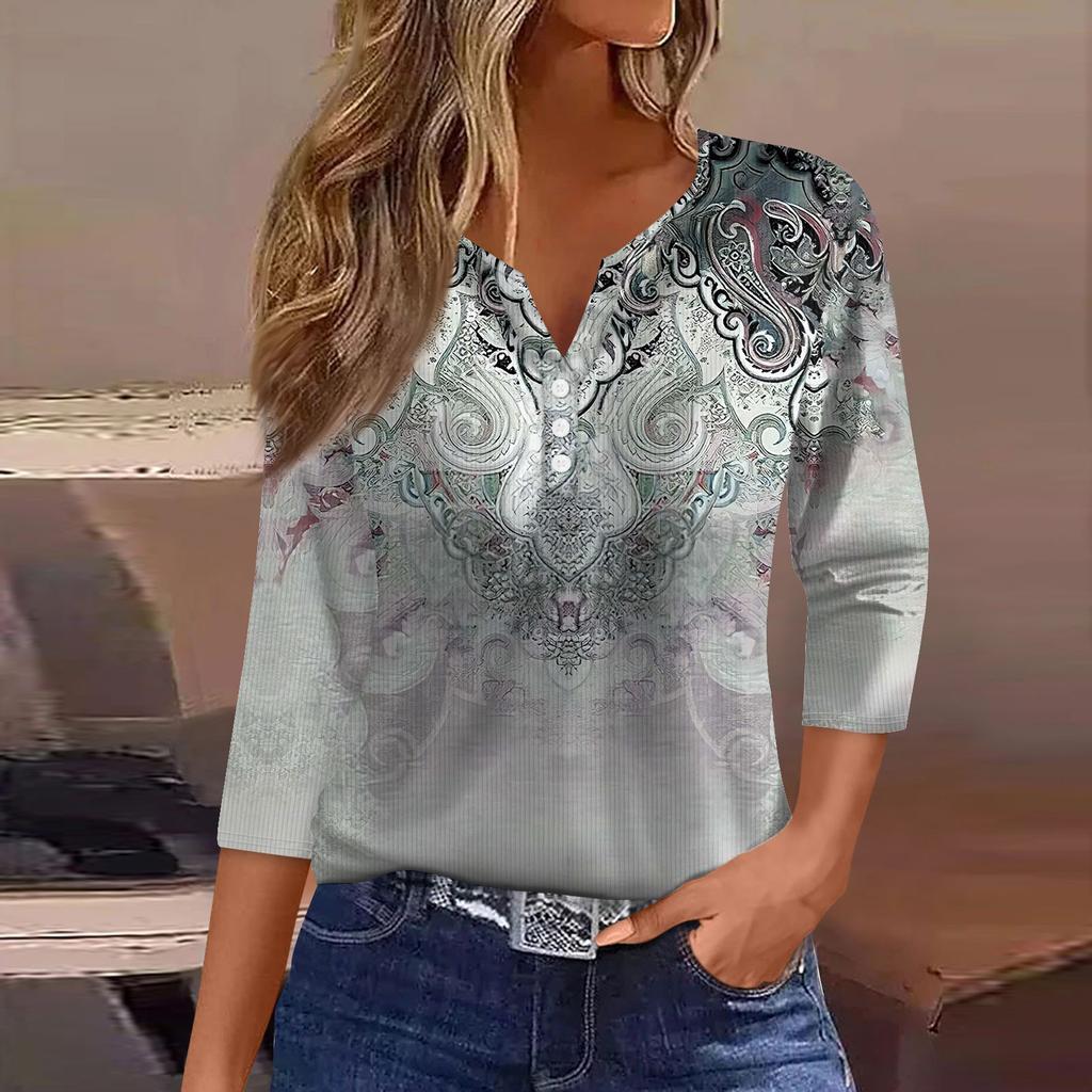 Women's T Shirt Tee Print Button 3/4 Sleeve Tunic Daily Weekend Fashion Basic V- Neck Regular Top