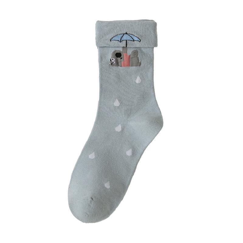

Милые мультяшные носки до середины икры для девочек на осень и зиму, дышащие и универсальные хлопковые носки, махровые длинные носки 1 pair светло-синий