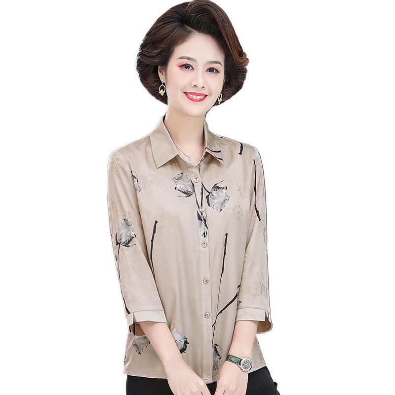 Silk Floral Three-Quarter Sleeve Shirt for Middle-Aged Women