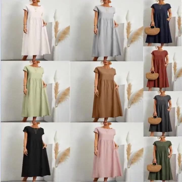 European and American Solid Color Sleeveless Loose Cotton and Linen Pocket Dress