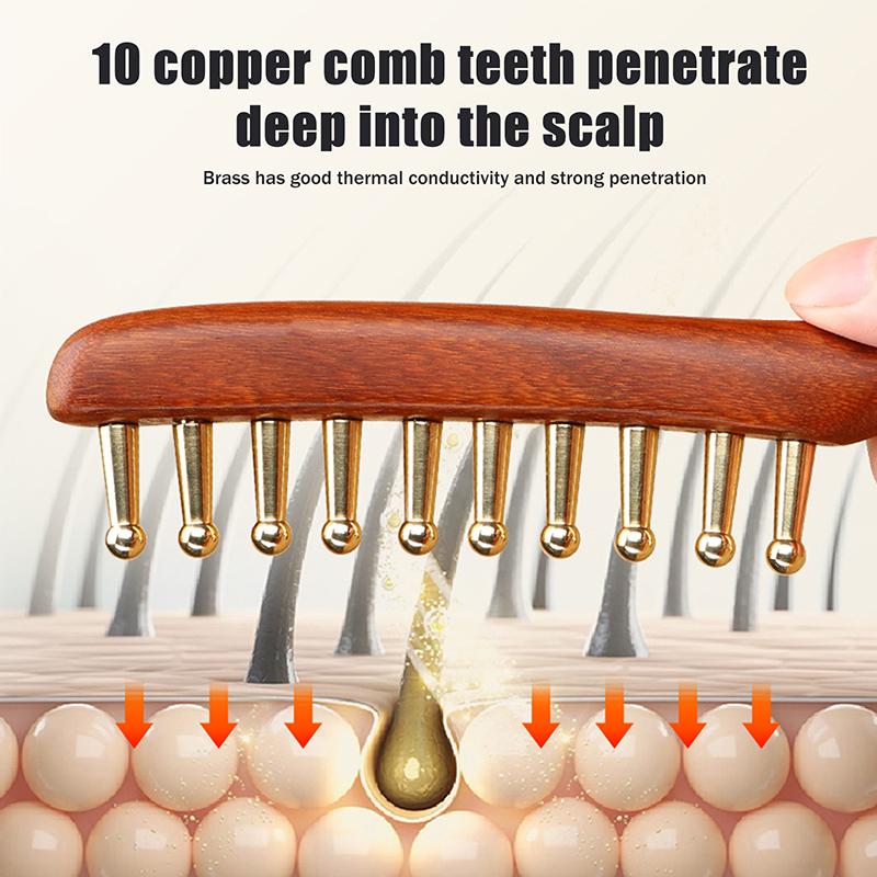10-Teeth Copper & Wood Massager Comb For Head Meridian Therapy And Relaxation Golden Sandalwood Scraping Guasha Long Handle