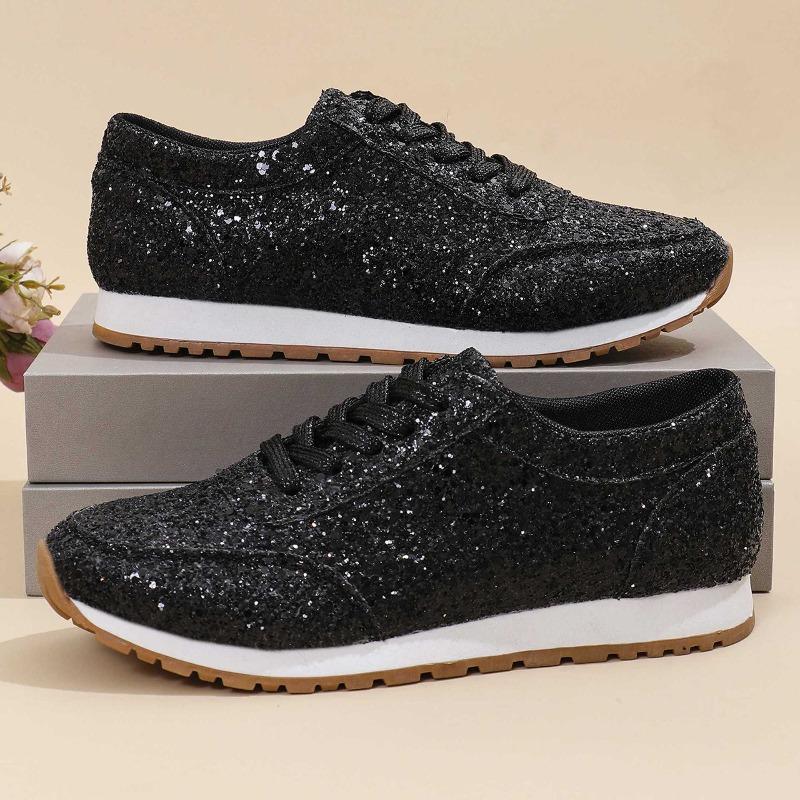 Plus Size Flat Casual Sports Shoes Women's 2025 New Sequin Lace-up Shoes
