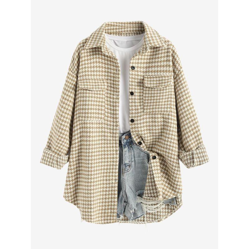 

Модный стиль Женская осенне-зимняя одежда Элегантная независимая стойка Гусиная лапка Принт Дизайн с лацканами и карманами Рубашка под шерсть Light coffee S