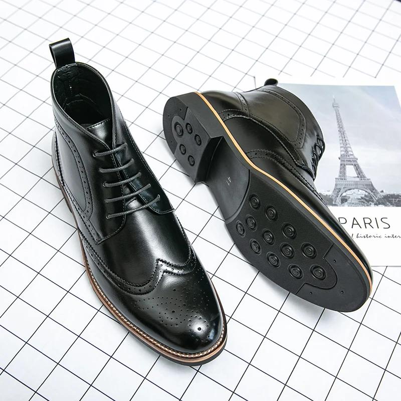 Fashion Italian Style Men's High Top Brogue Shoes Trend Design Men's Workwear Shoes Winter New Ankle Boots Lace Up Pointed Style