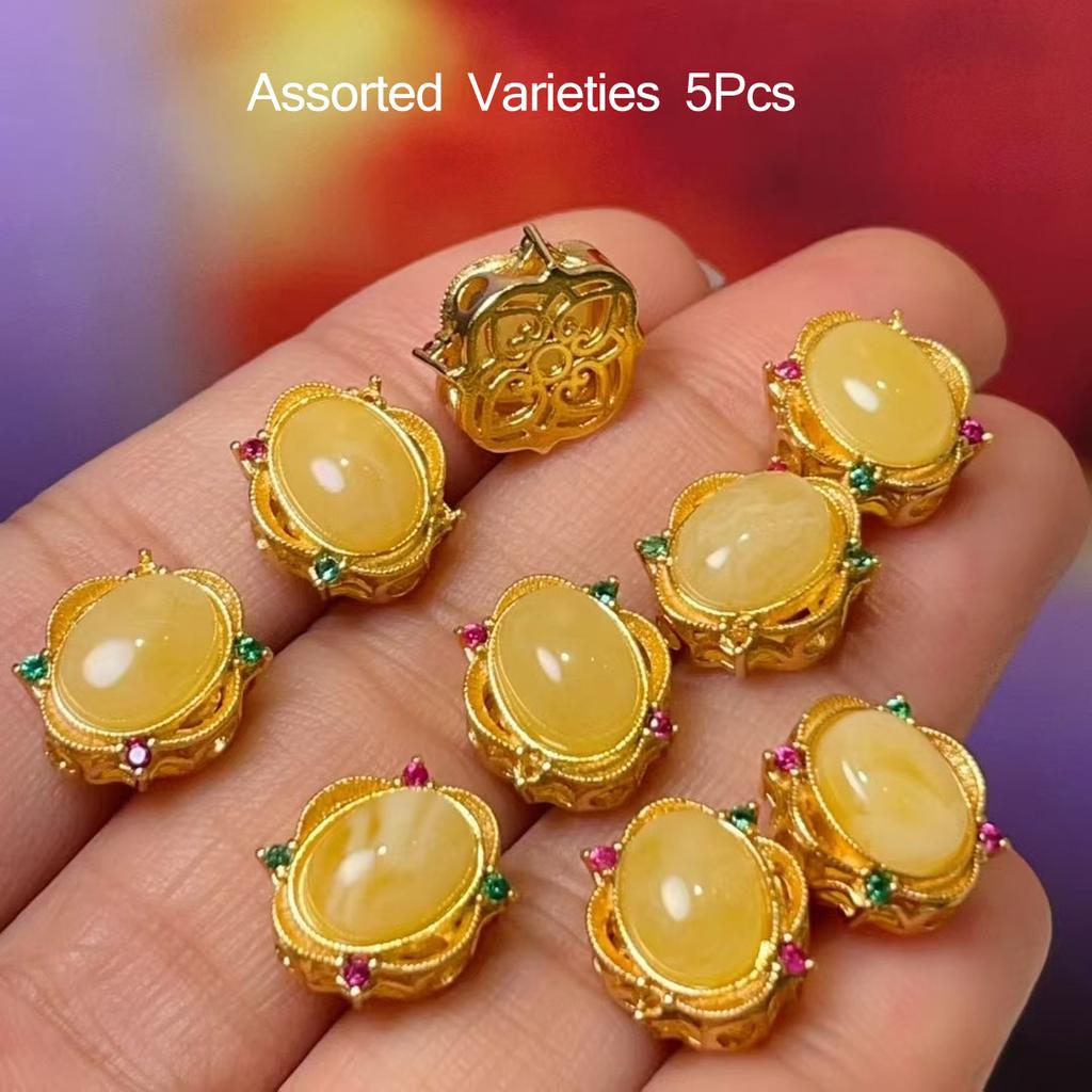 5Pcs, Energy Natural Stone Pendant with Gold Trim Accents, Stylish Handcrafted Yellow Gemstone Charms for DIY Necklace Accessories, Jewelry Making