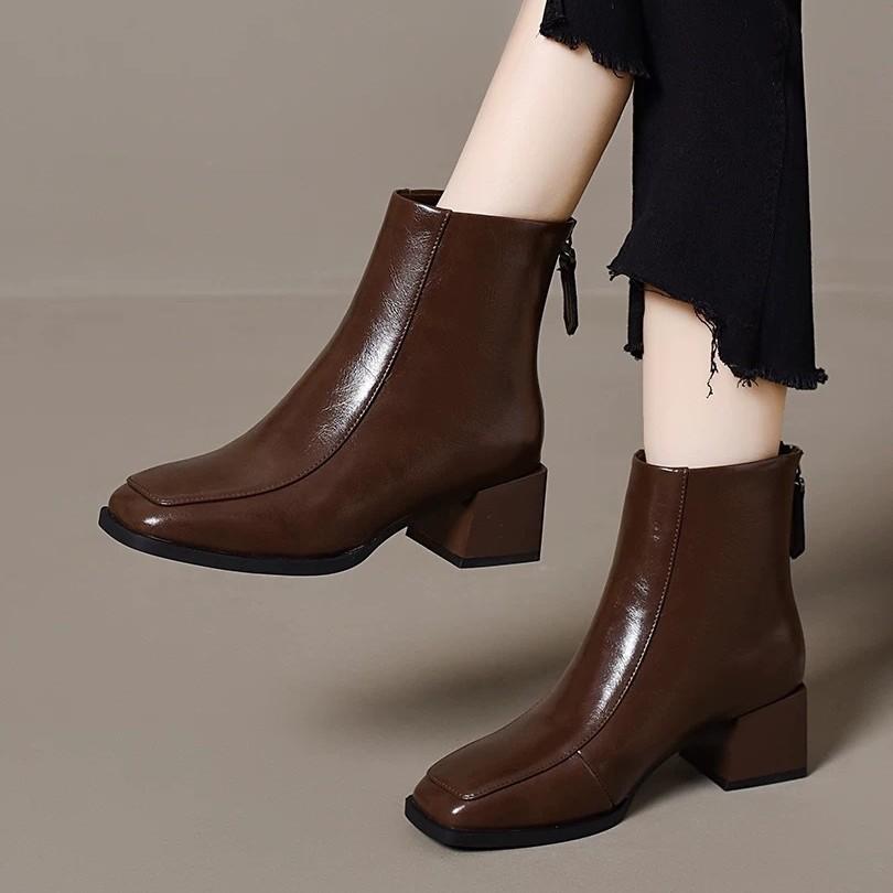 Soft leather boots for women 2025 new autumn and winter round head thin boots square heel soft leather boots British fashion boots for women