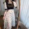 Vintage Floral Patchwork Chiffon Slim Dress For Lady  Summer Square Collar Puff Sleeves A-Line Dress