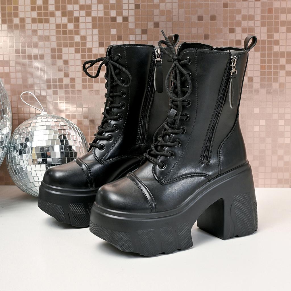 Woman Personality British Style Thick Sole Boots Lace Up Platform Booties Women Leather PU Chunky Heel Winter Punk Goth Shoes