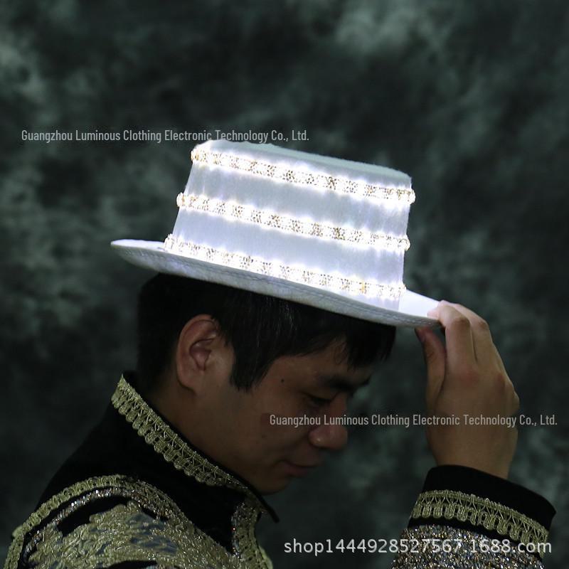 

Светодиодная джазовая шляпа с бриллиантами: Яркий белый световой цилиндр для танцевальных вечеринок, караоке и баров, работает от батареек One Size