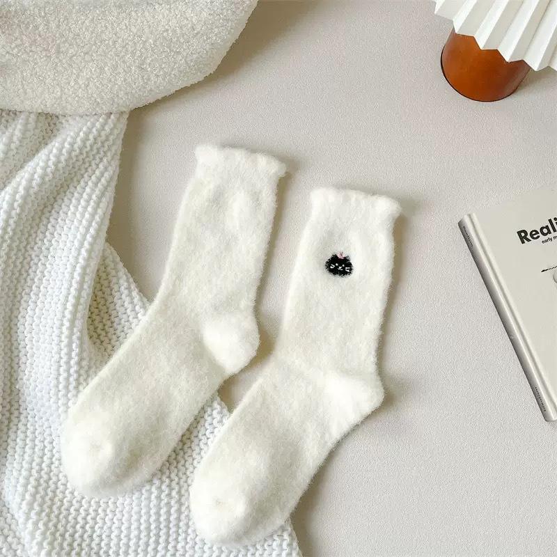 Winter white medium tube women autumn and winter fleece thickened cute cartoon warm sleep confinement socks plush stacking socks