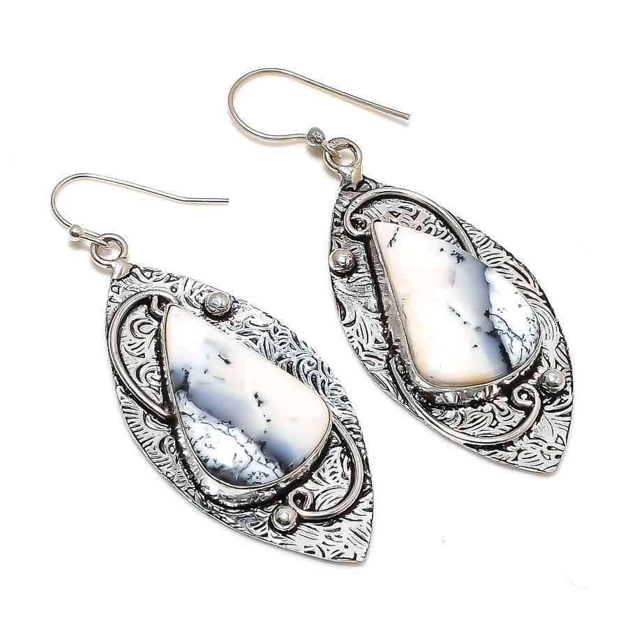 Natural Dendrite Opal Gemstone 925 Sterling Silver Jewelry Earring 2.60" ZS-1437