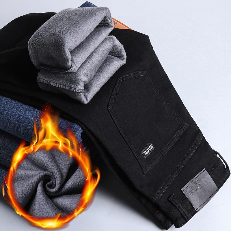 Winter Men's Fleece Warm Jeans Style Business Casual Thicken Fit Denim Pants Black Blue Trousers