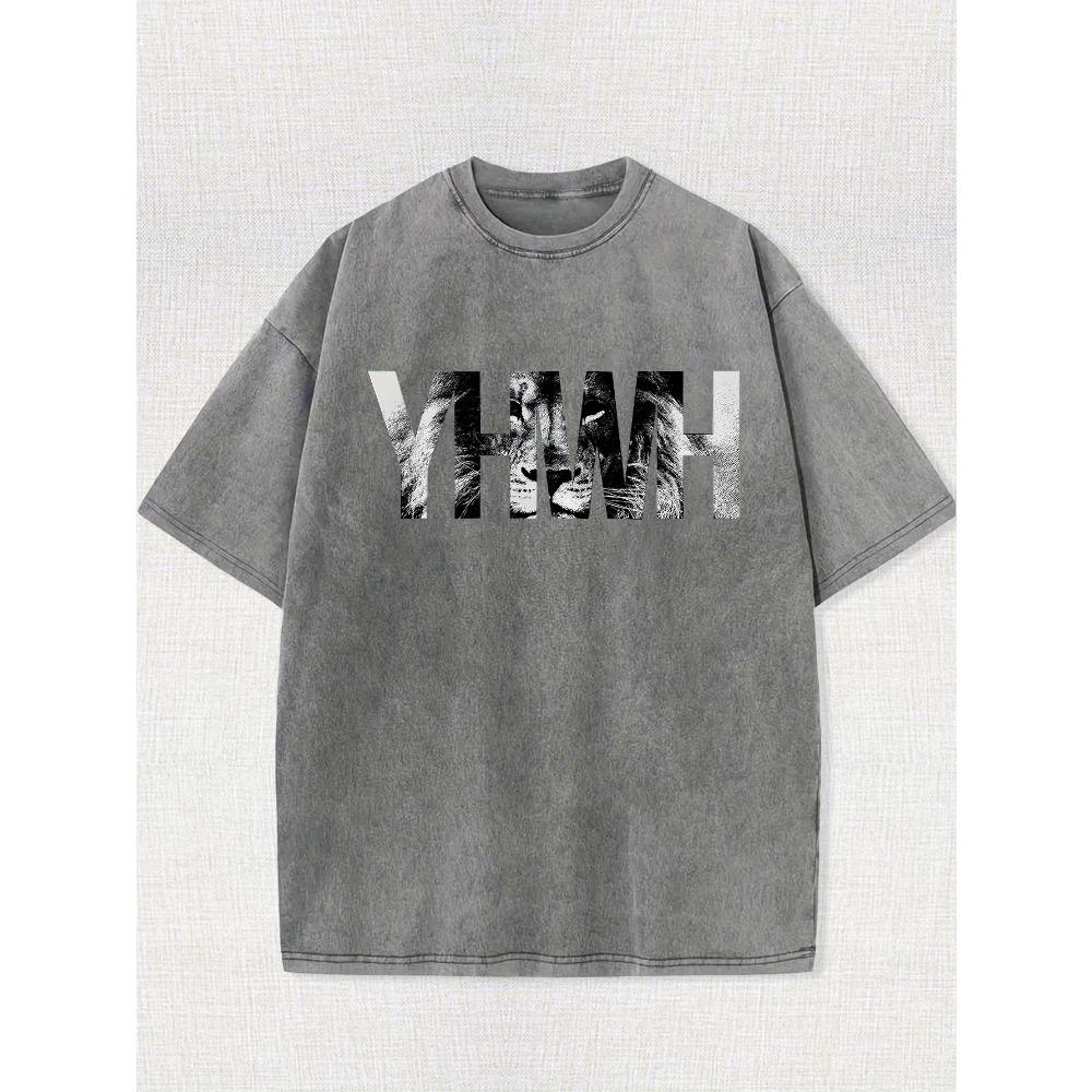 Men's Vintage-Inspired Lion Graphic T-Shirt - 100% Cotton, Short Sleeve, Crew Neck, Washed Black, Casual Summer Wear