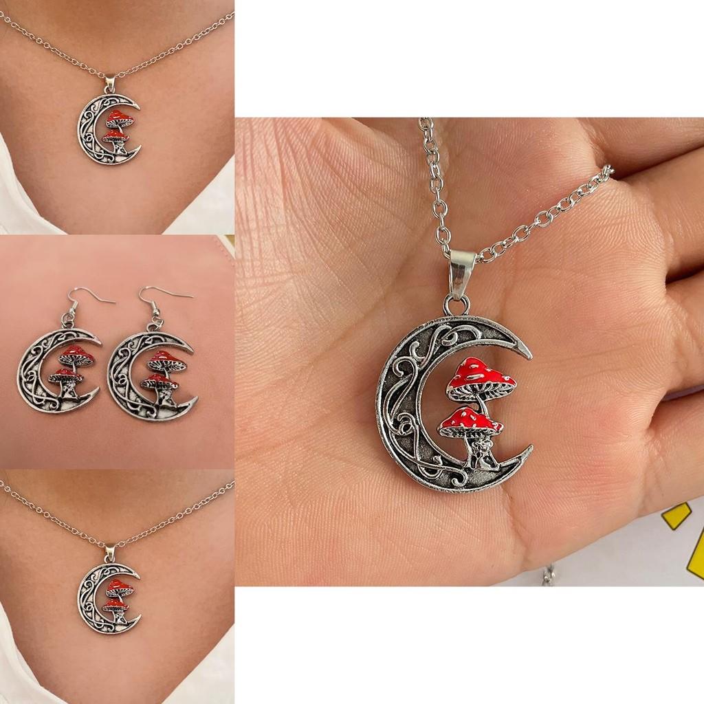 Unique Alloy Fashionable Moon And Cute Red Mushroom Pendant Necklace All For