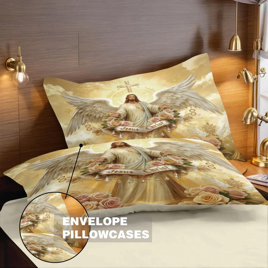 Set di biancheria da letto a tema Gesù in poliestere stampato, 3 pezzi, morbido e confortevole, disponibile in diverse misure e lavabile in lavatrice