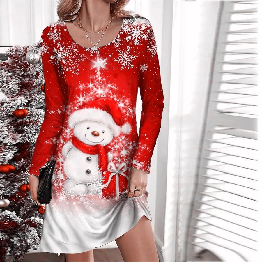 Christmas Snowman Pattern Women Fashion Mini Dresses Autumn Winter Long Sleeve 3d Printed Street Christmas Style Ladies Dress