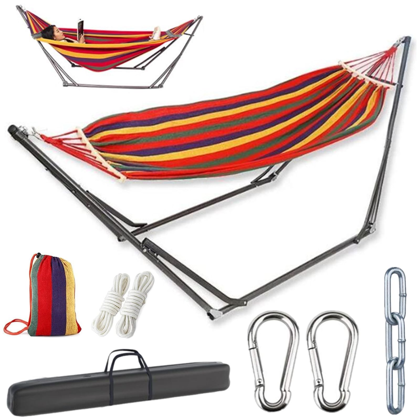 

Samcos Freestanding Rack Swing Hammock for Indoor and Outdoor Foldable Hanging Height Hanging Easy to Load Capacity Storage Bag Included Hammock,