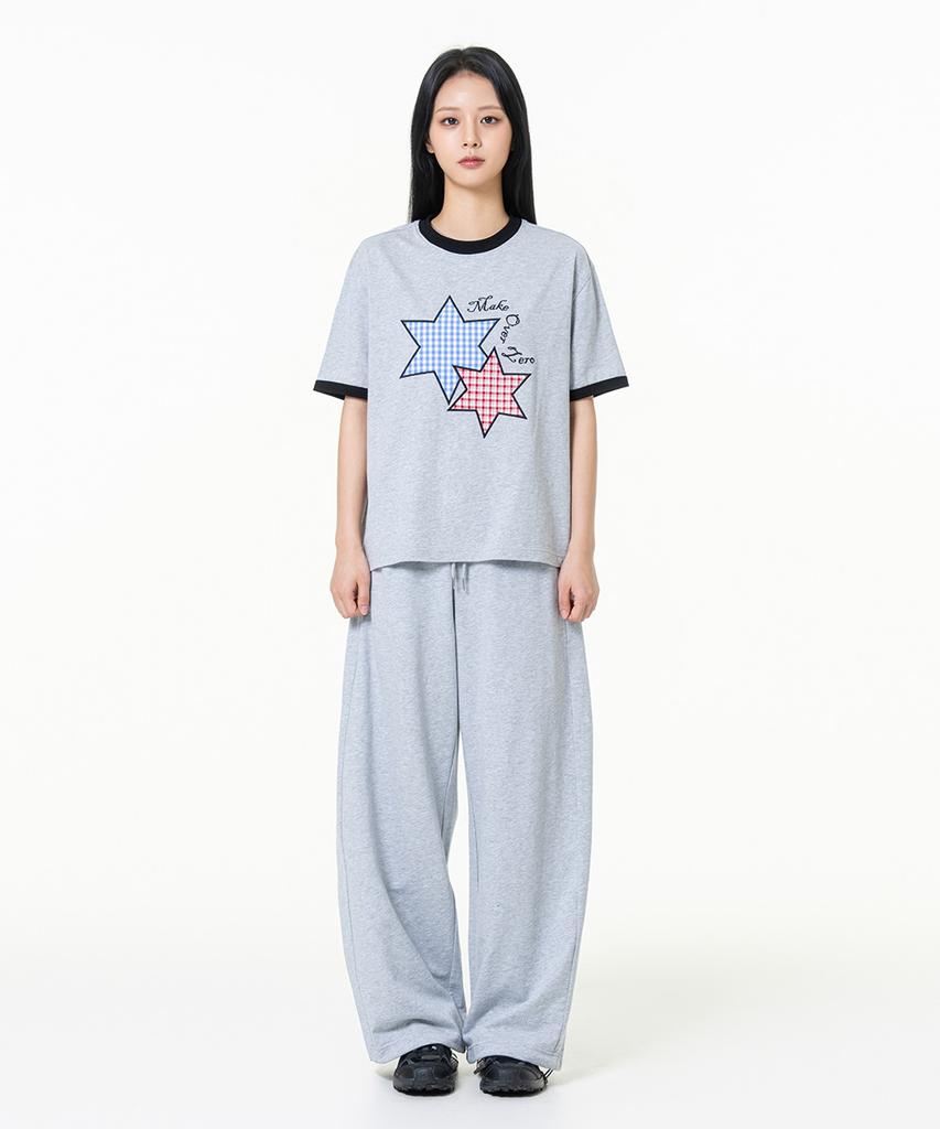 MOZMOZ [Set] Star Patch 2-Type Ringer Short Sleeve T-Shirt + Side Pleated Wide Training Pants