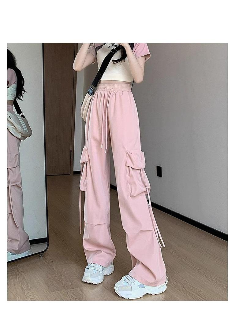 Petite High Waist Pink Parachute Cargo Pants for Women - Wide Leg Summer Sport Pants (145cm)