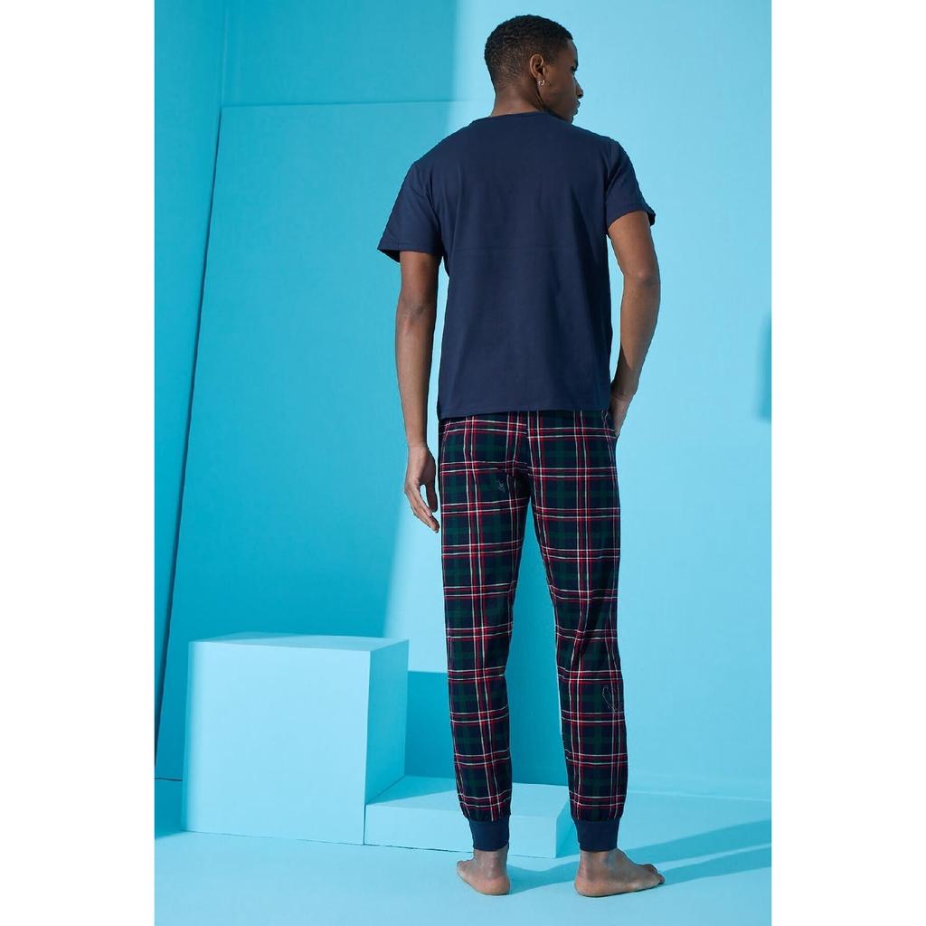 Marineblaues „Hello Summer“-Pyjama-Set mit kurzen Ärmeln und Aufdruck für Herren