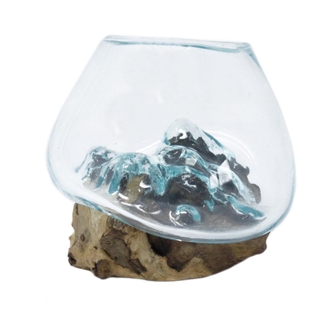 Molten Glass Bowl on Wood Base