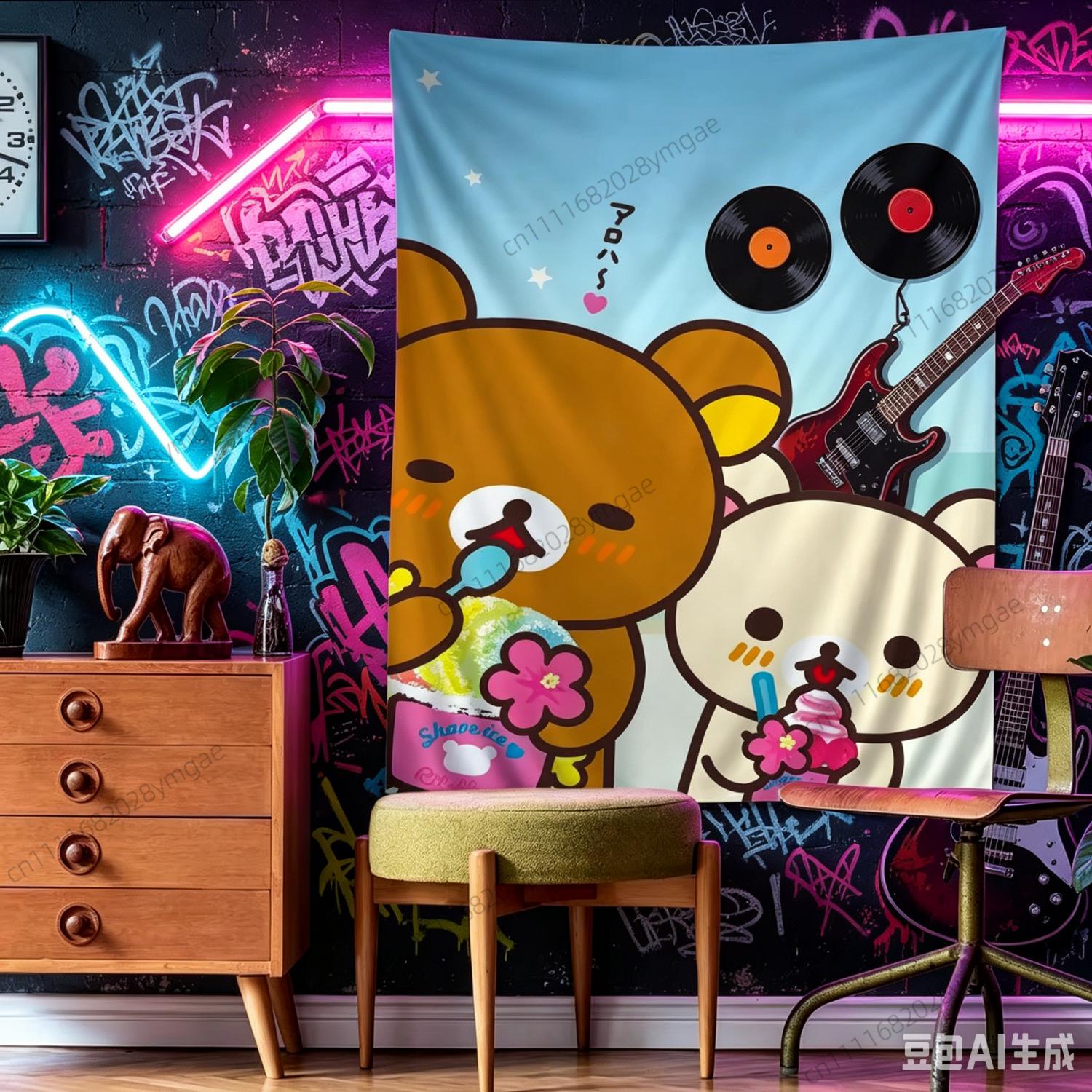 Anime Cartoon Cute Bear Kitten Print Tapestry Cute Wall Tapestries for Bedroom Living Room Dorm Kids Background Cloth Room Decor 100X70CM
