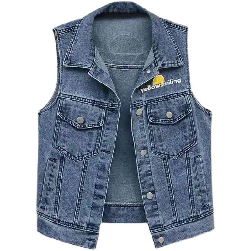 Denim Vest Jacket for Women Spring and Autumn Printed Loose Sleeveless Waistcoat Top