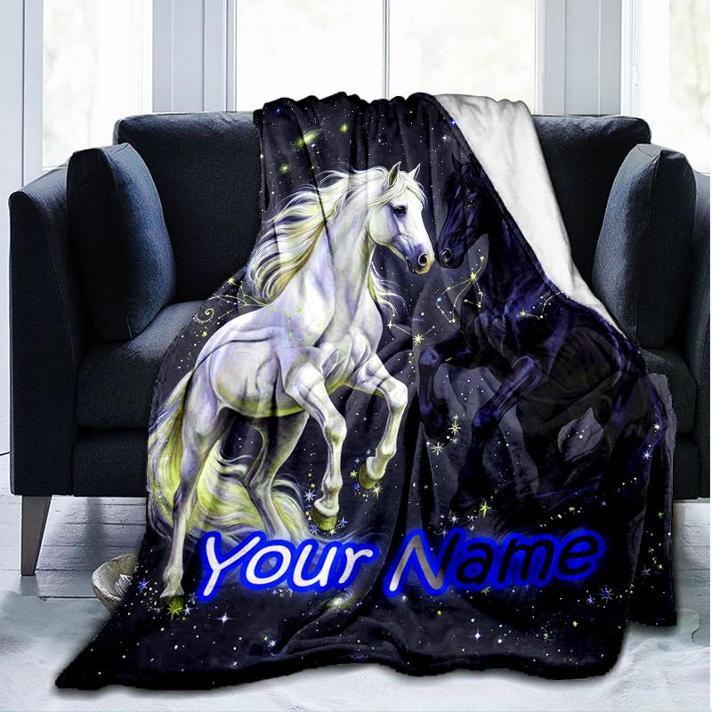 1PC Custom Name "Galactic Horse Dance" flannel blanket versatile,all-season throw suitable for the living room,bedroom,camping,travel,and gift